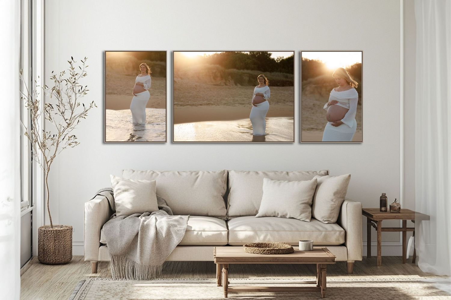 artwork of golden hour beach maternity shoot on wall