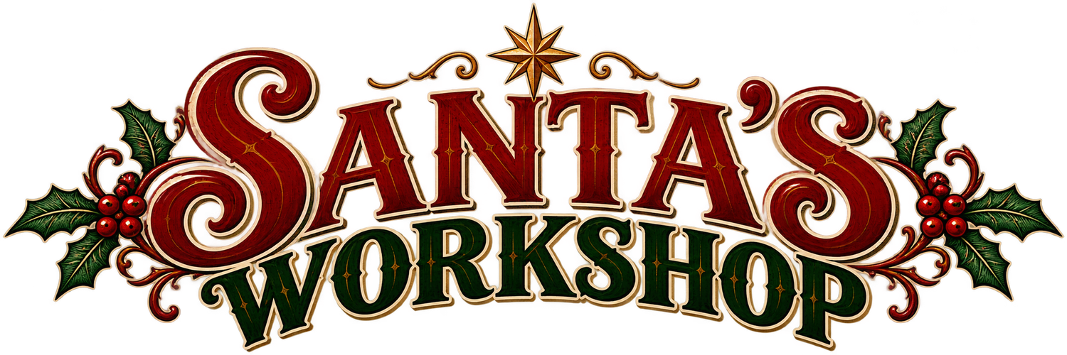 Festive Santa's Workshop logo in ornate red and gold lettering with holly leaves, red berries, and a golden star above.