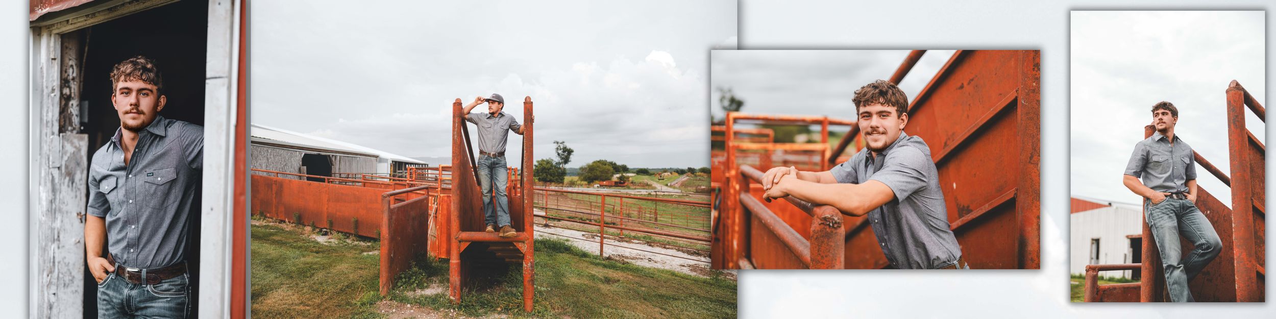 Young man in gray shirt poses near red barn fence on a farm during an outdoor senior portrait photography session.