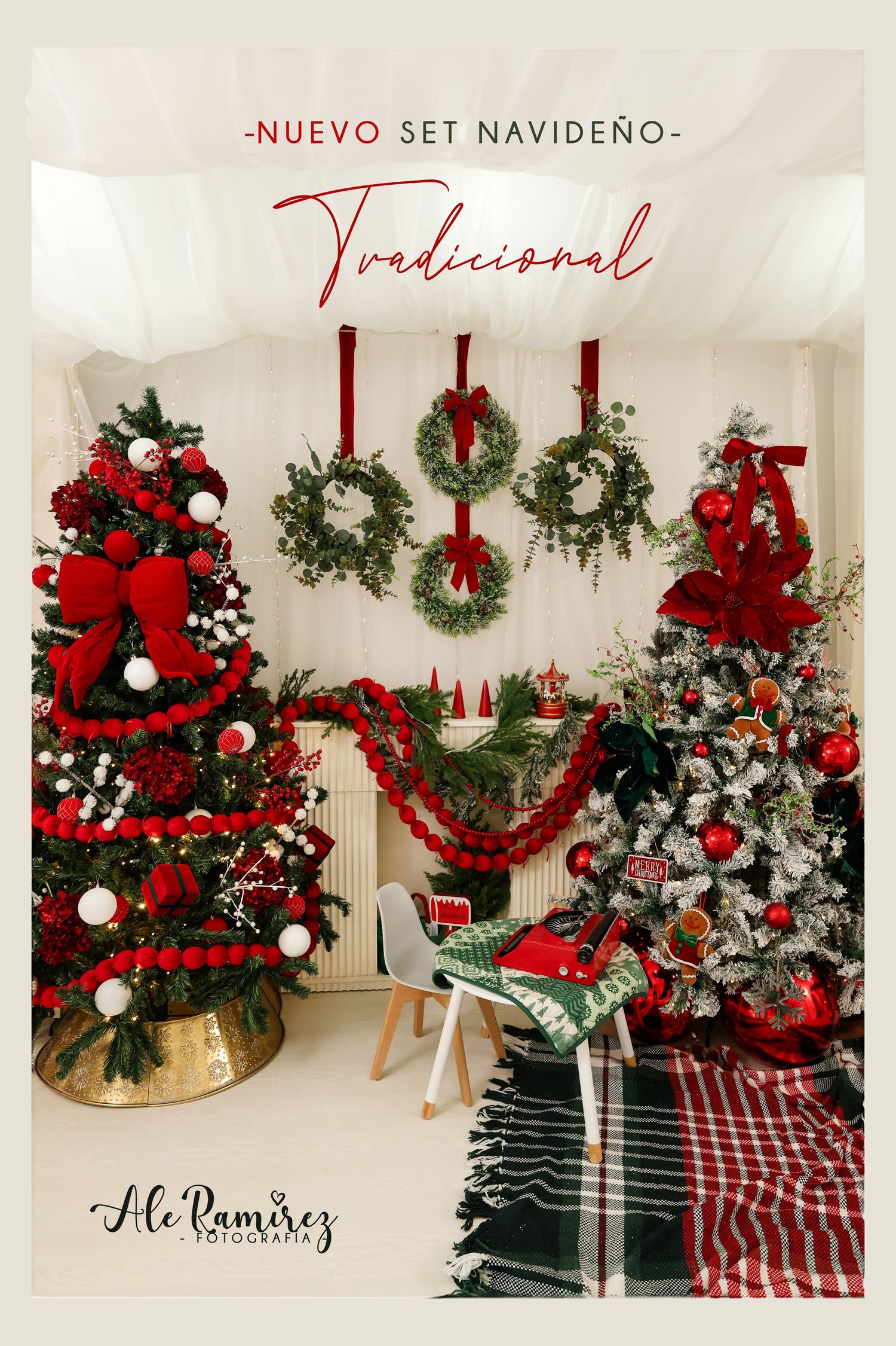 Traditional Christmas set with red-decorated trees, festive wreaths, garlands, and plaid accents in a cozy holiday display.