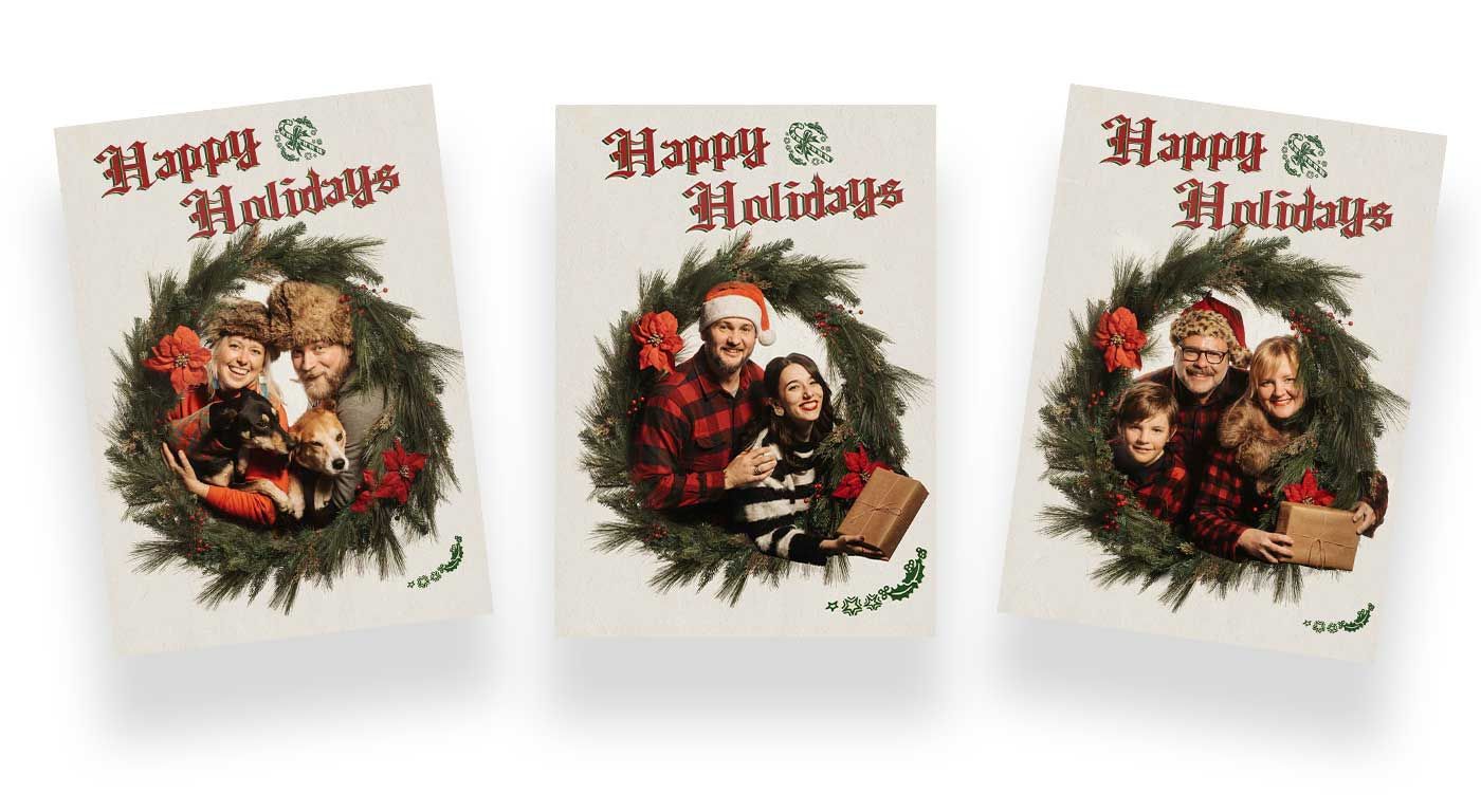 Three Happy Holidays greeting cards featuring family photos in festive Christmas wreath frames with red and green holiday decor.