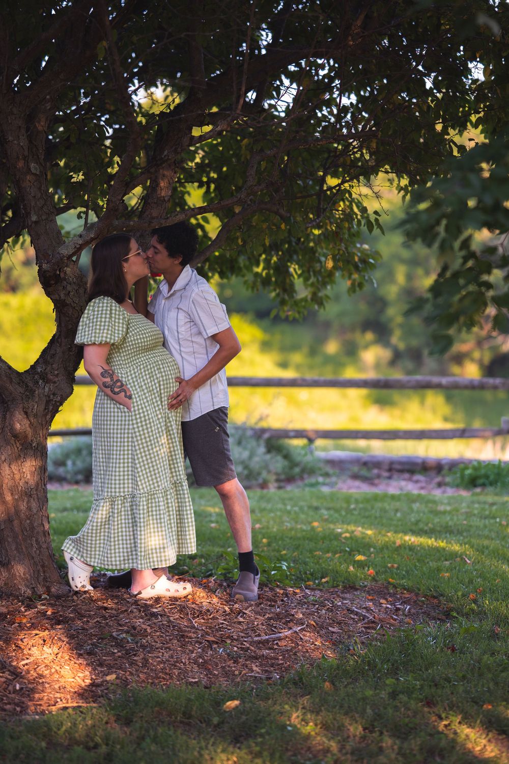 Pregnant couple kissing under a tree in a sunny park, woman in green gingham dress, man in white shirt and shorts.
