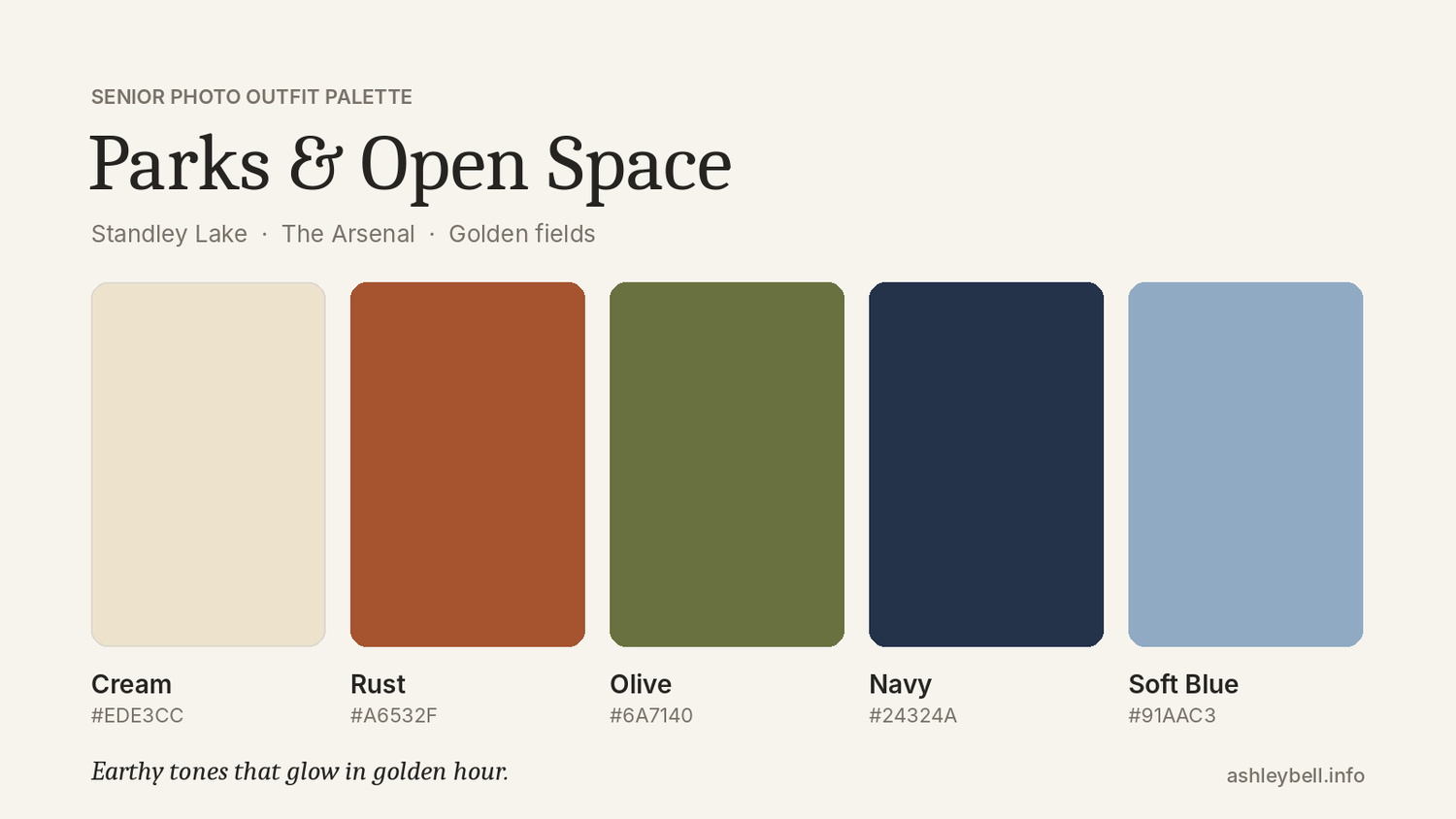 Senior photo outfit palette featuring cream, rust, olive, navy, and soft blue earth tones inspired by parks and open spaces.