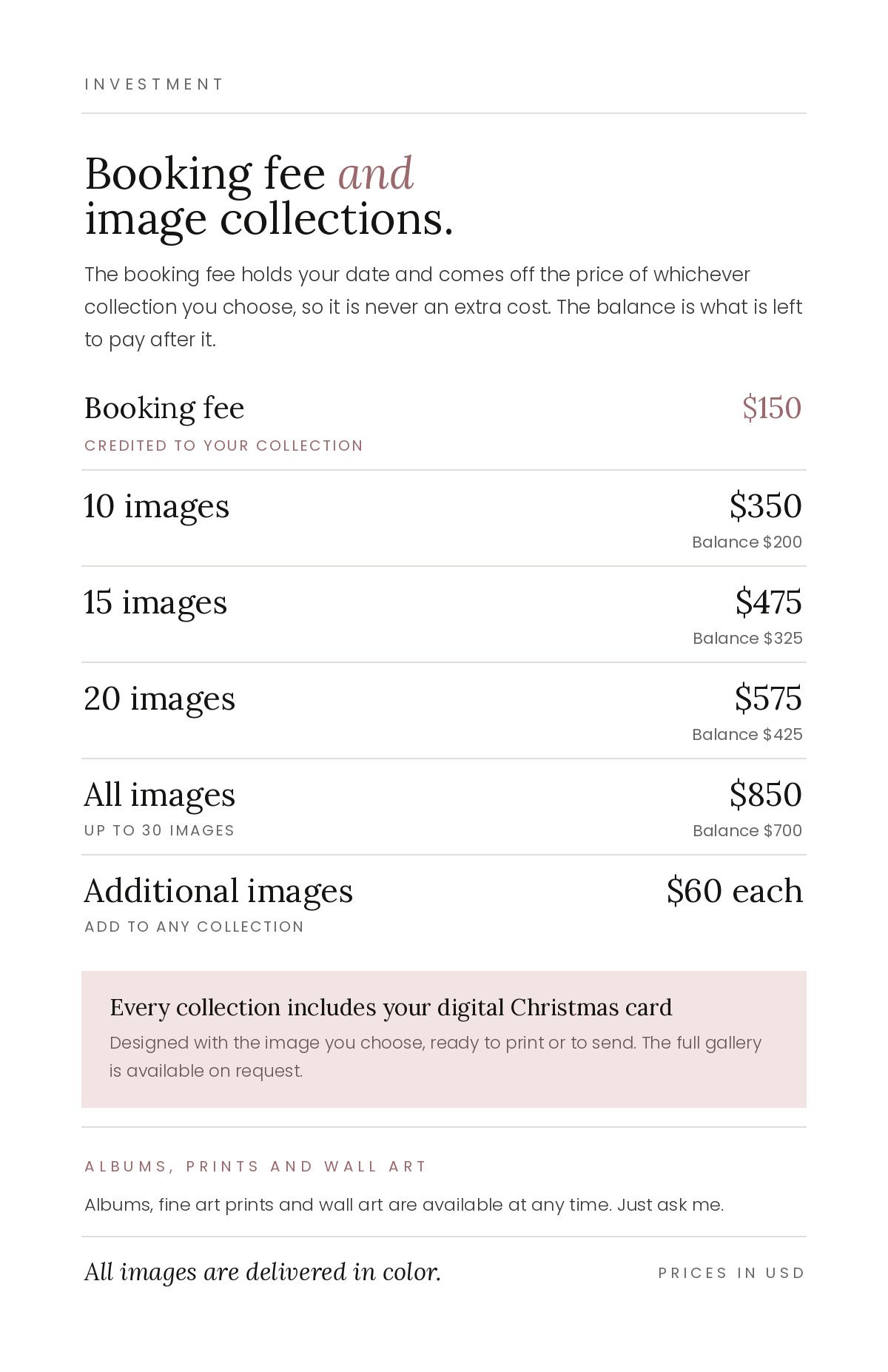 Photography booking fee and image collections price list showing packages from $350 for 10 images to $850 for all images.