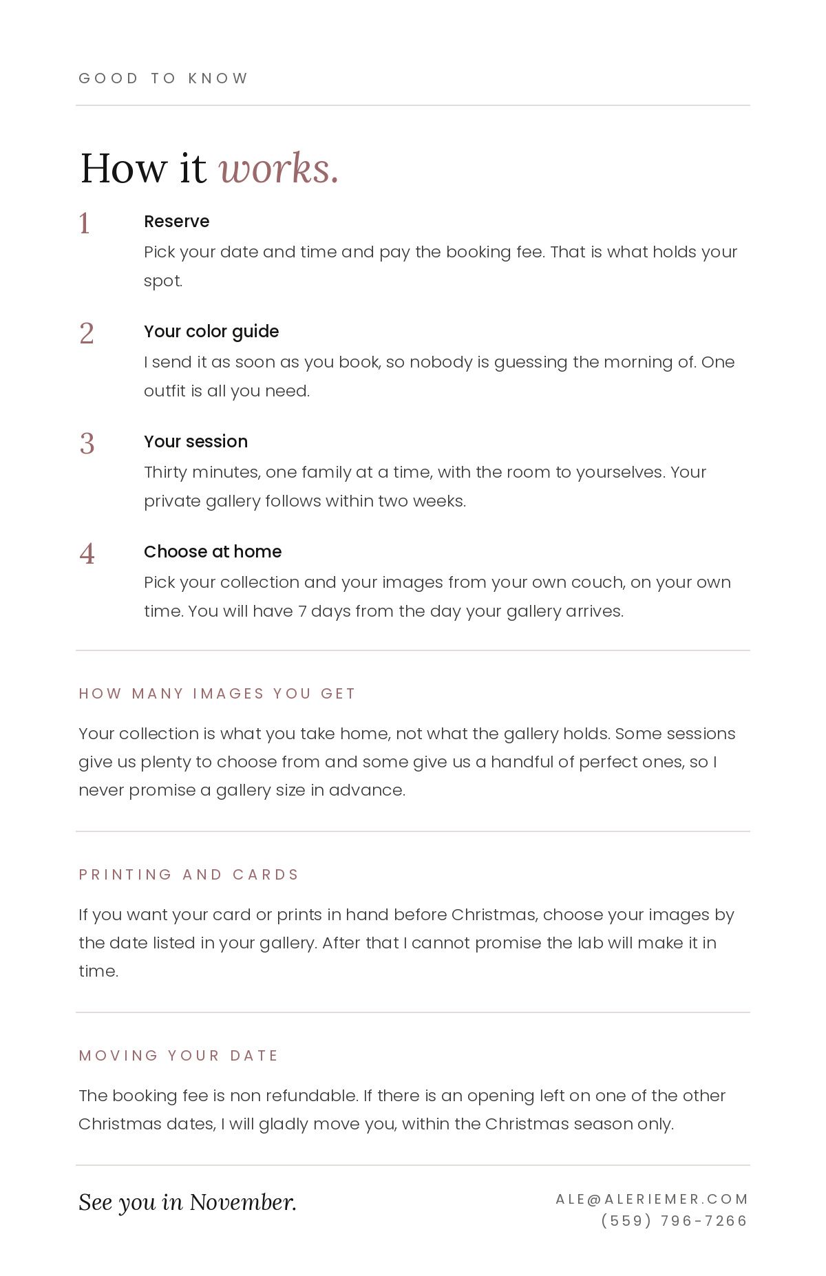 A minimalist photography booking guide explaining session steps, color guide, and holiday card printing details in clean typography.