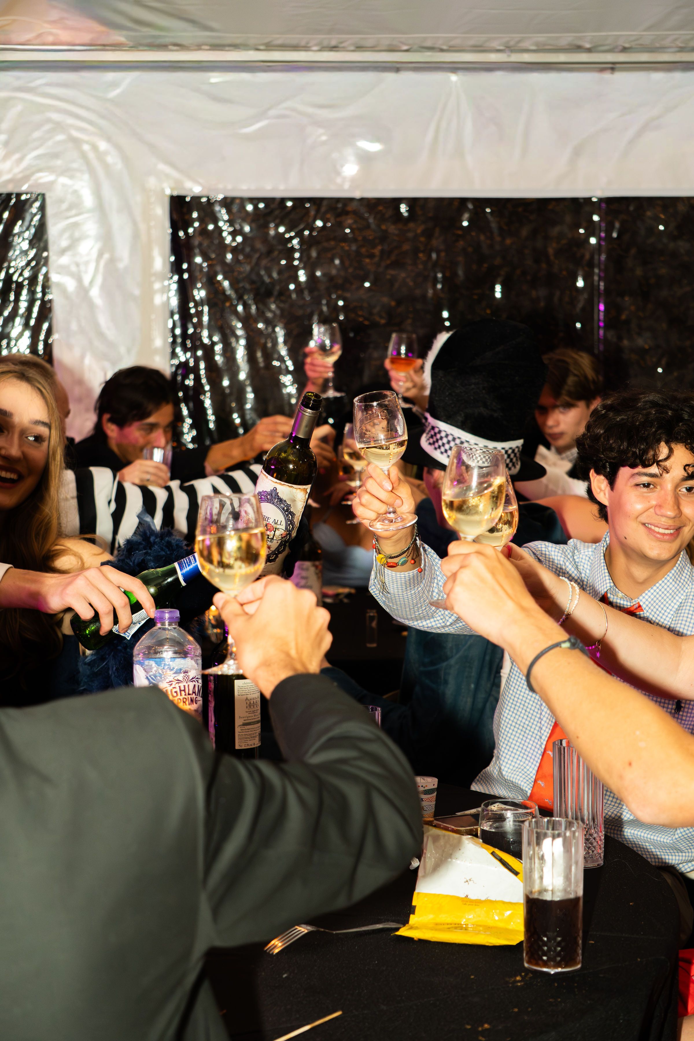Group of young people toasting with wine glasses at a festive party celebration indoors.
