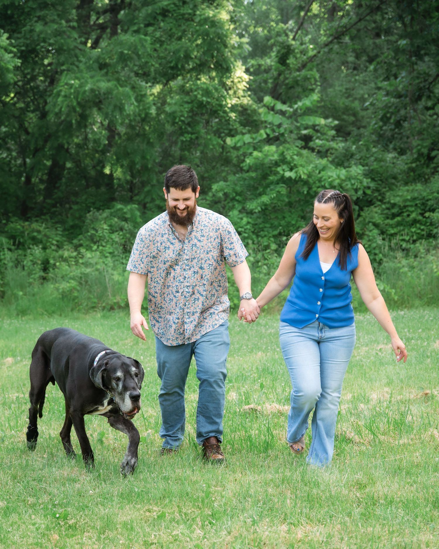 A couple holds hands and walks with a black Great Dane through a lush green meadow surrounded by trees.