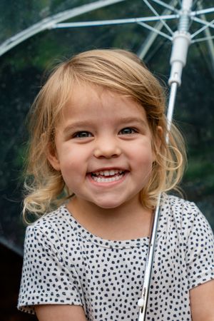 Smiling young girl with blonde hair holding a clear umbrella outdoors, wearing a white polka dot shirt.