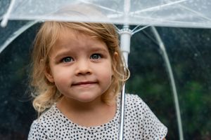 Young girl with blue eyes holding a clear umbrella in the rain, wearing a white polka dot dress.