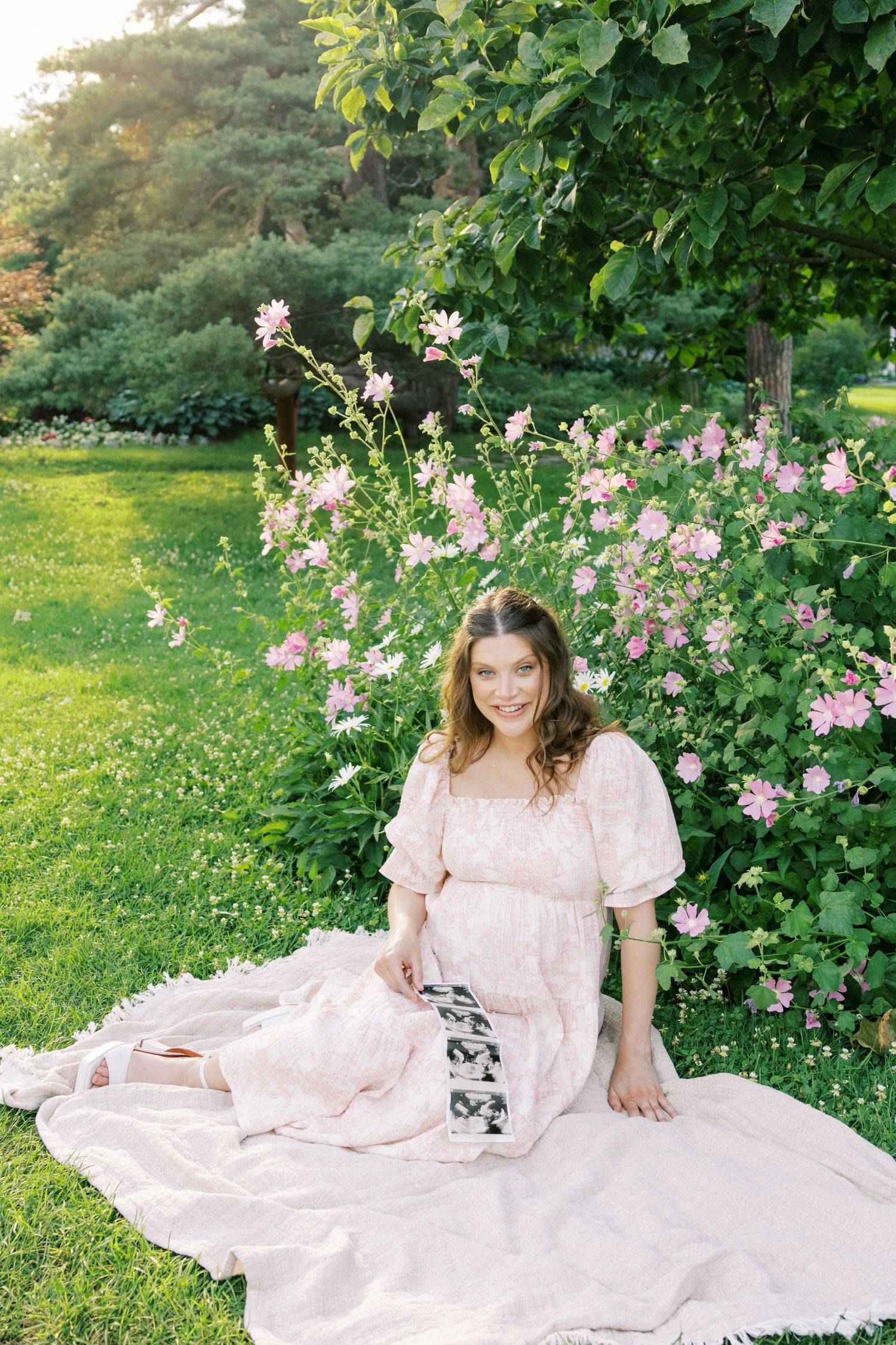Pregnant woman in pink floral dress sitting on blanket beside blooming roses in lush garden, holding ultrasound photos.