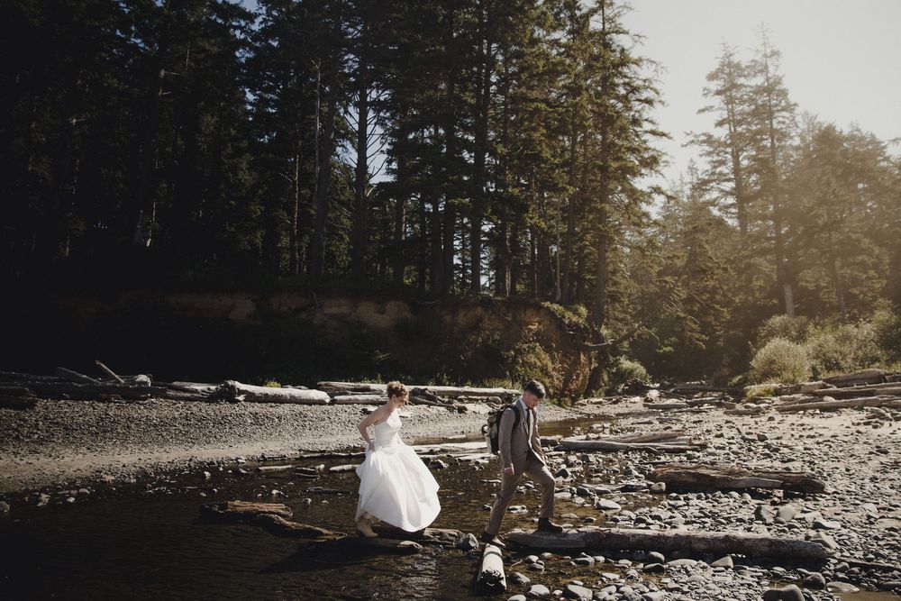 Bride and groom hold hands near a forest stream, surrounded by tall trees and driftwood on a sunny day.