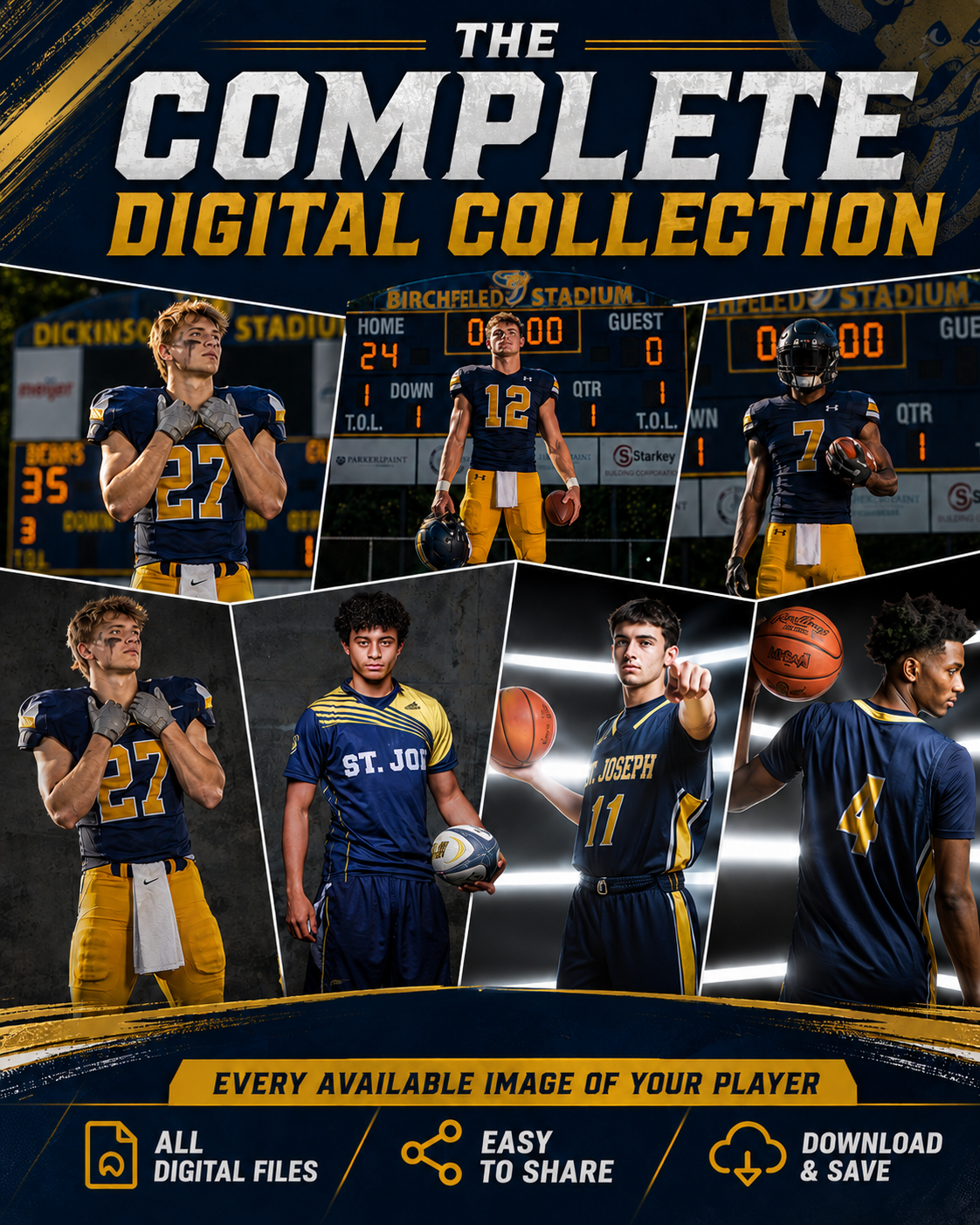 Complete digital collection football player photos collage featuring athletes in navy and gold uniforms at stadium scoreboard.