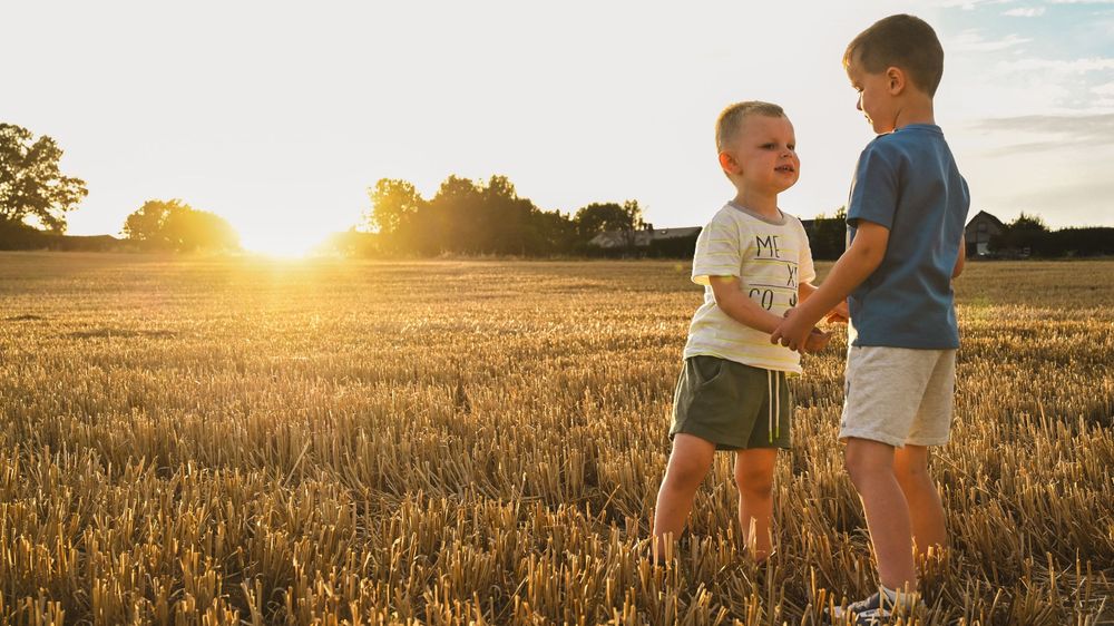 Deux enfants se tenant la main, champ, lumière dorée