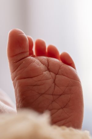Close-up of a newborn baby's tiny soft foot with delicate wrinkled skin and small toes.