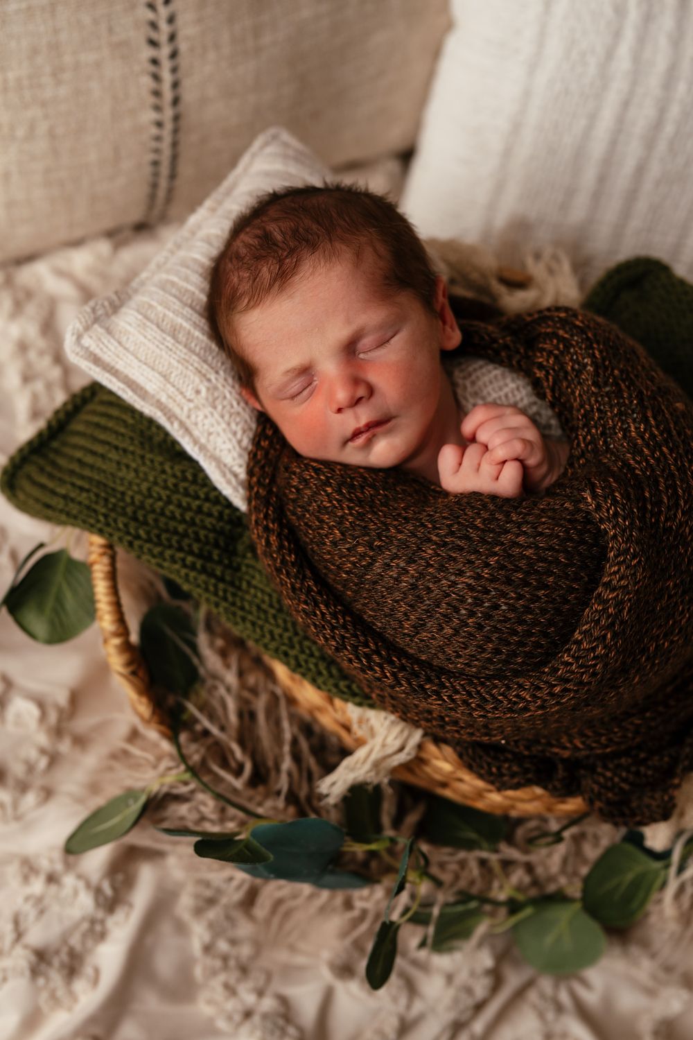 Sleeping newborn baby wrapped in dark green knit blanket nestled in wicker basket with eucalyptus leaves.