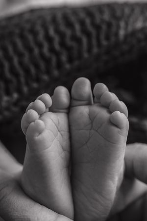 Close-up black and white photo of tiny newborn baby feet held gently in a basket.