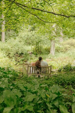 Couple sitting together on a wooden bench surrounded by vibrant green foliage in a serene woodland garden.