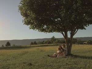 Two people sit together under a lone tree in a scenic open field at sunset.