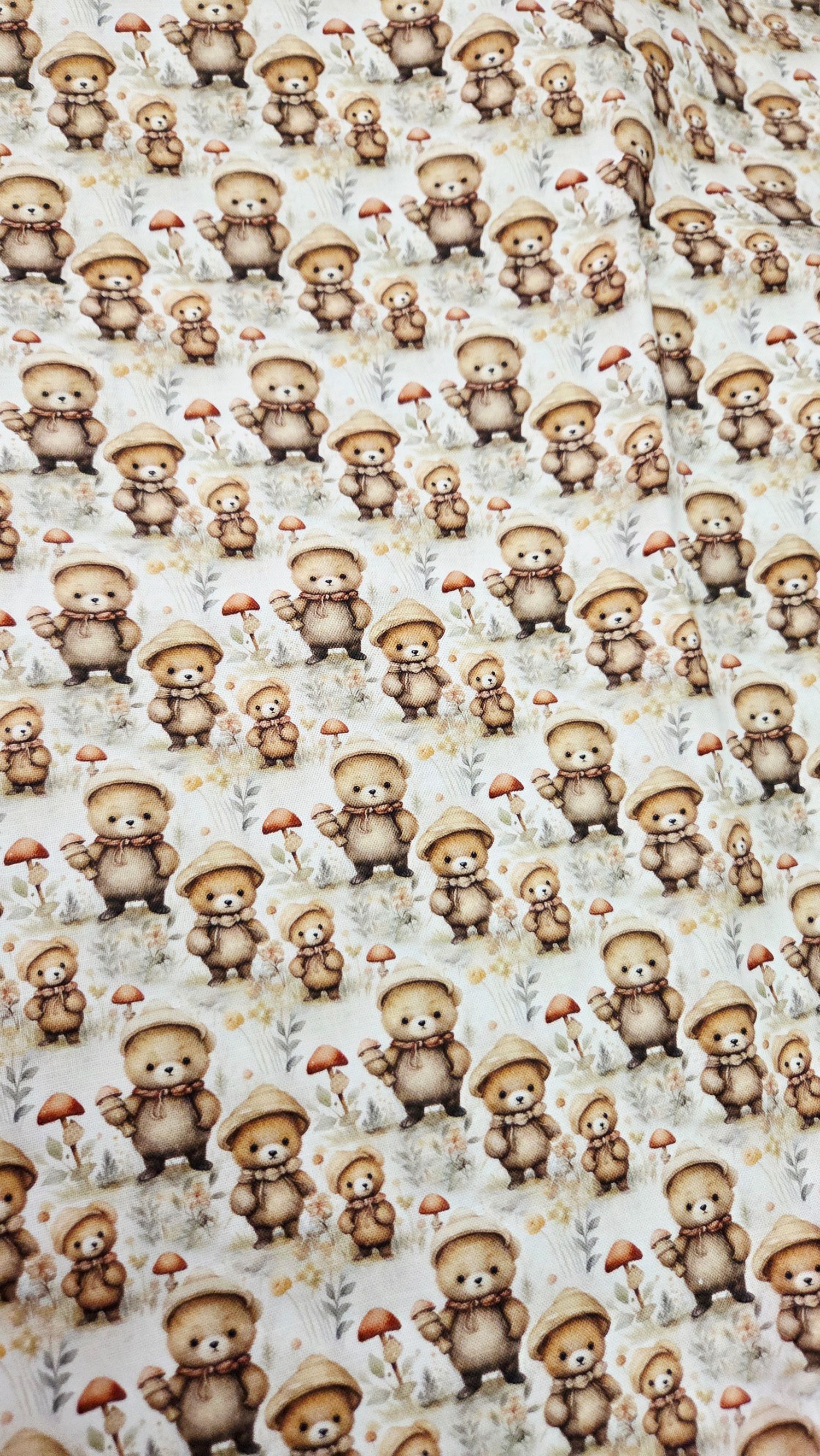 Cute teddy bear fabric pattern with mushrooms and flowers in warm beige and brown tones, perfect for children's crafts.