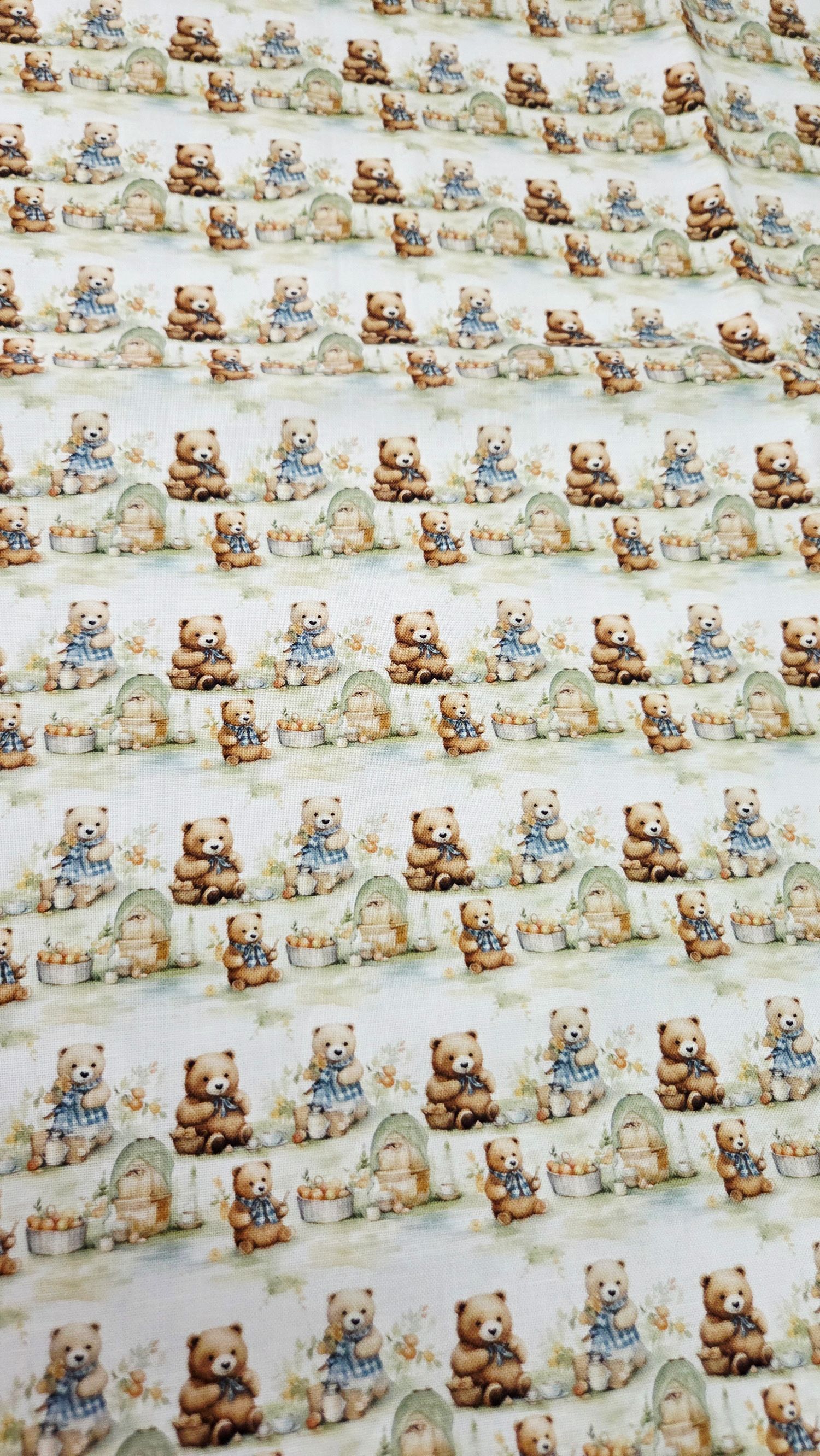 Repeating pattern fabric featuring vintage-style teddy bears with honey pots and beehives on white background.