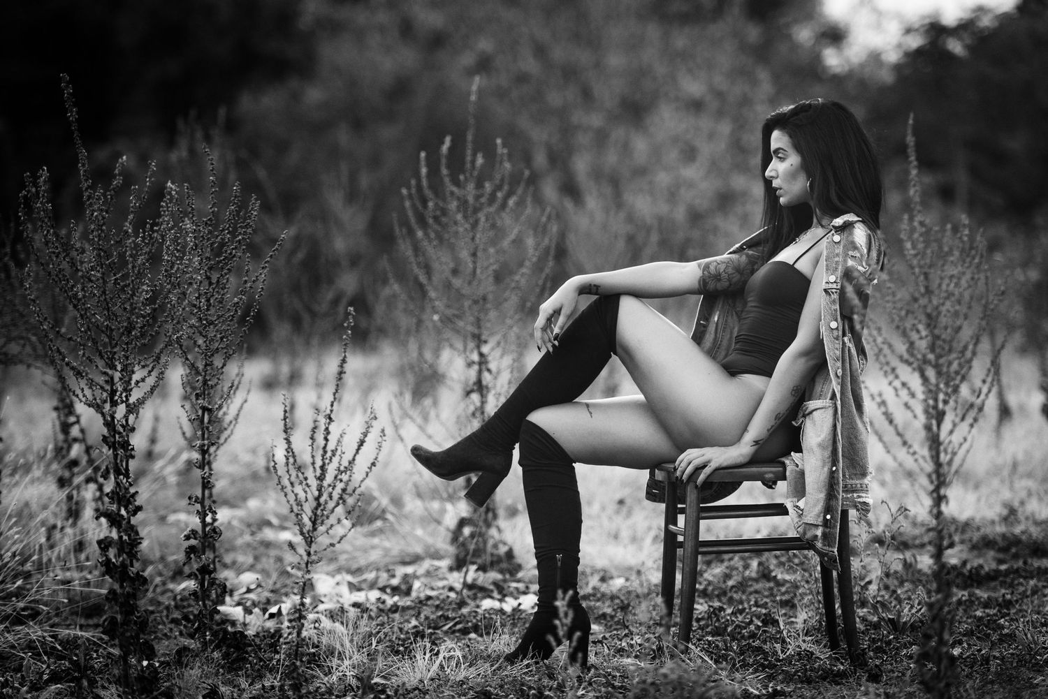 Scatto in bianco e nero con una sedia in ambiente naturale, Serie Cadrega di Andrea Pedretti