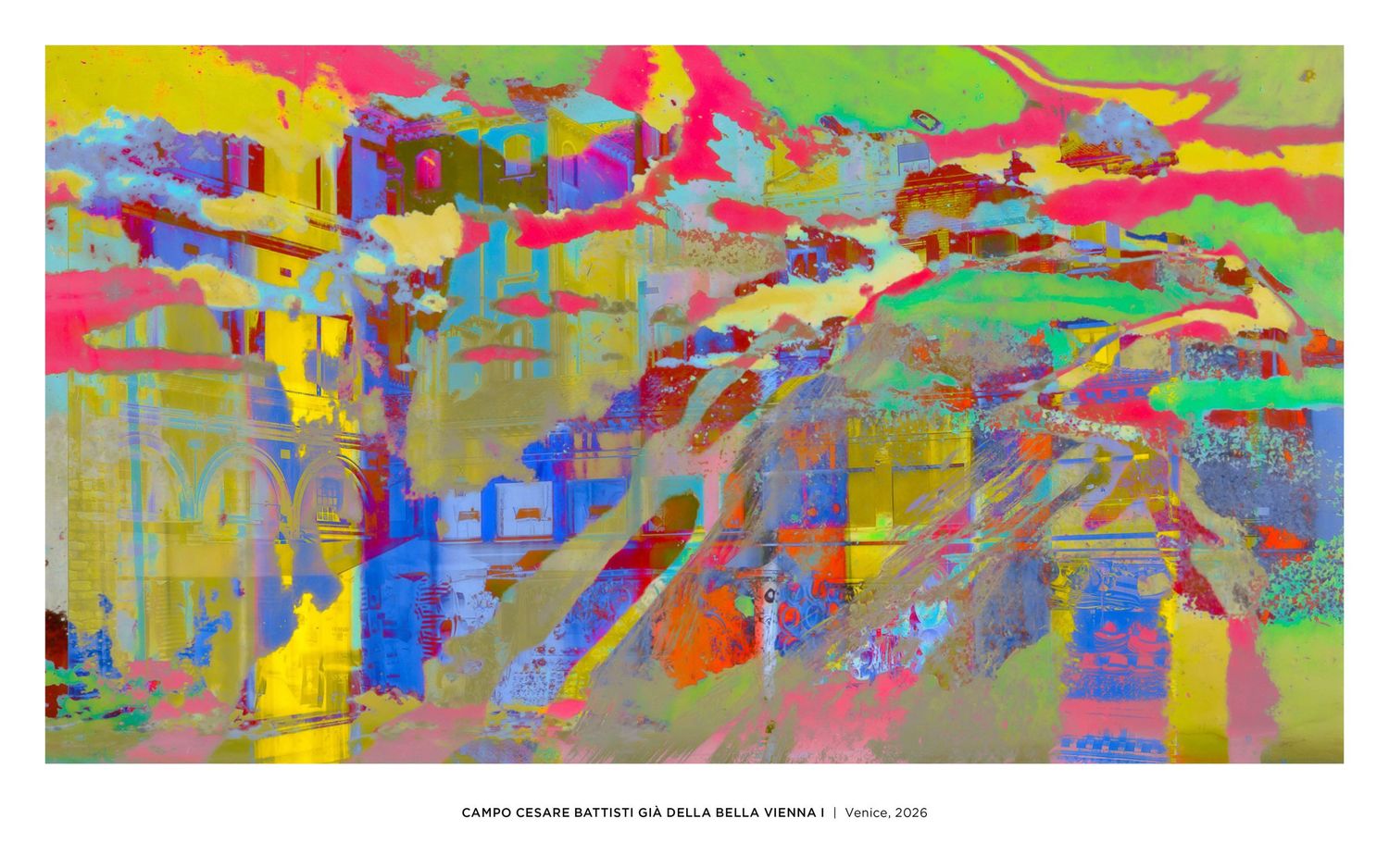 Vibrant abstract painting with bold yellow, pink, blue, and green brushstrokes creating a dynamic, colorful composition.
