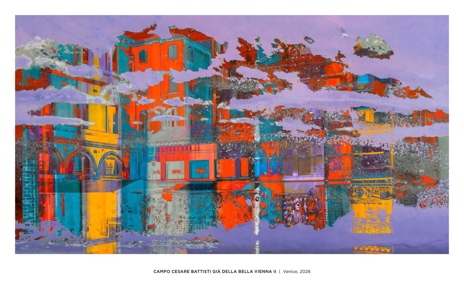 Vibrant abstract cityscape painting with colorful geometric buildings reflected in water, featuring bold orange, teal, and purple hues.