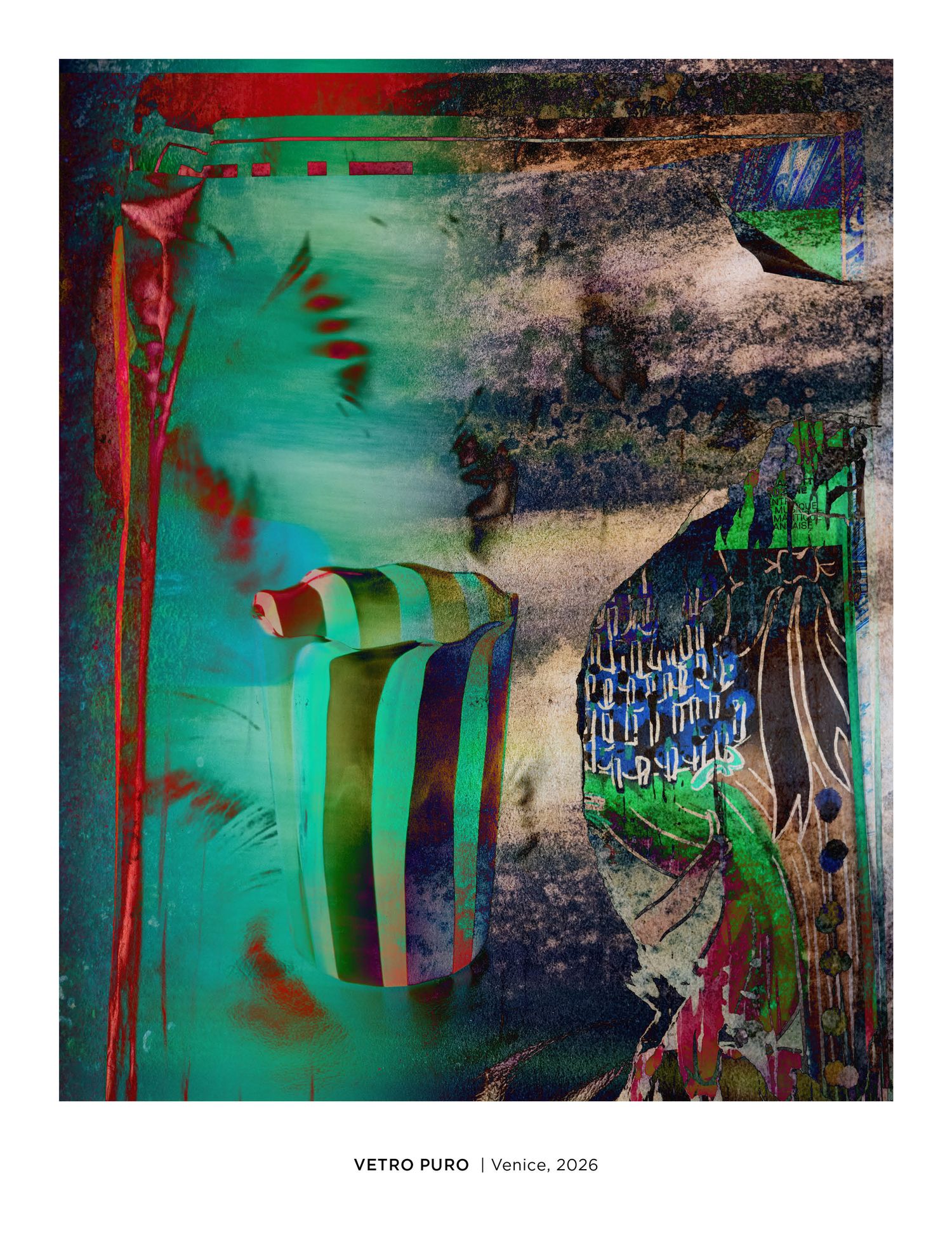 Abstract mixed media artwork by Vetro Puro, Venice 2026, featuring teal, green stripes, red brushstrokes, and dark textured elements.