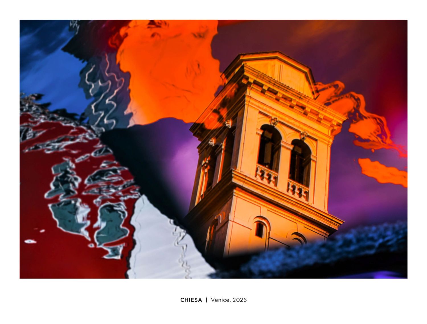 Psychedelic digital art of a church tower in Venice, 2026, with vivid red, blue, and orange surreal sky effects.