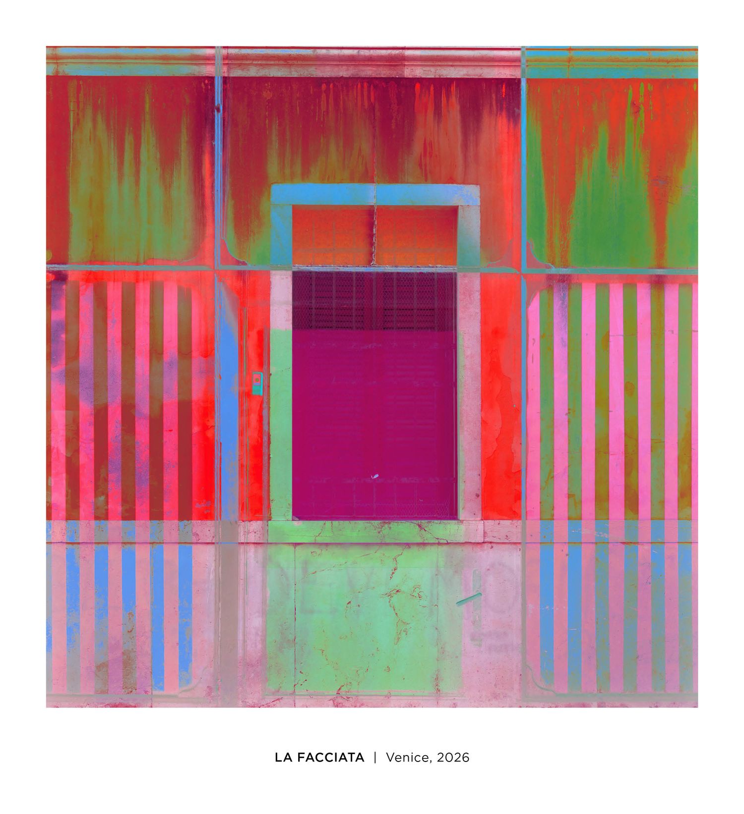 Vibrant abstract facade artwork in red, green, and blue with a purple door, titled La Facciata, Venice 2026.