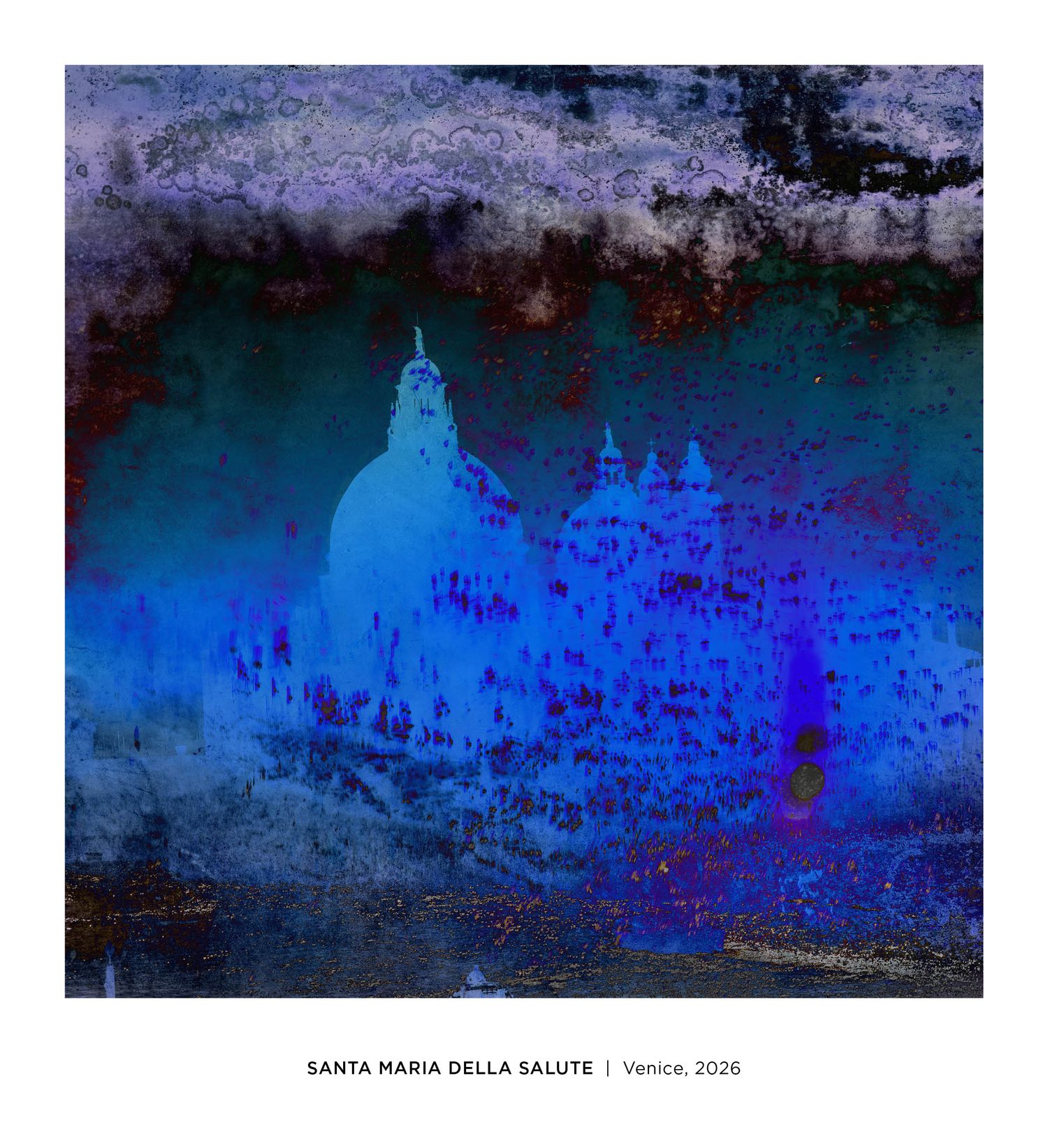 Abstract blue reflection of Santa Maria della Salute basilica in Venice, digital art, 2026.