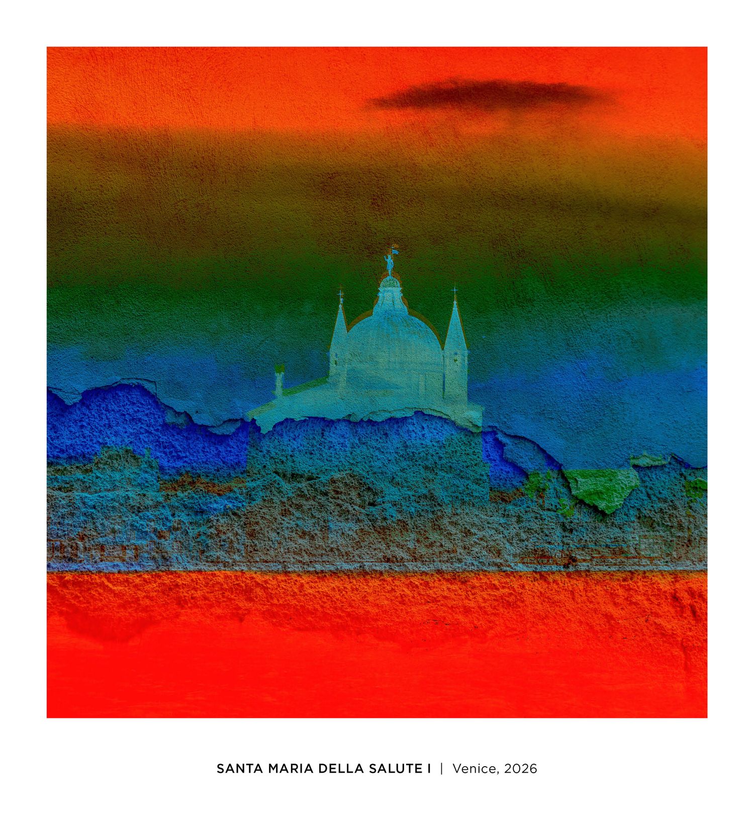 Abstract digital artwork of Santa Maria della Salute, Venice 2026, with vivid red, blue, and green layered hues.