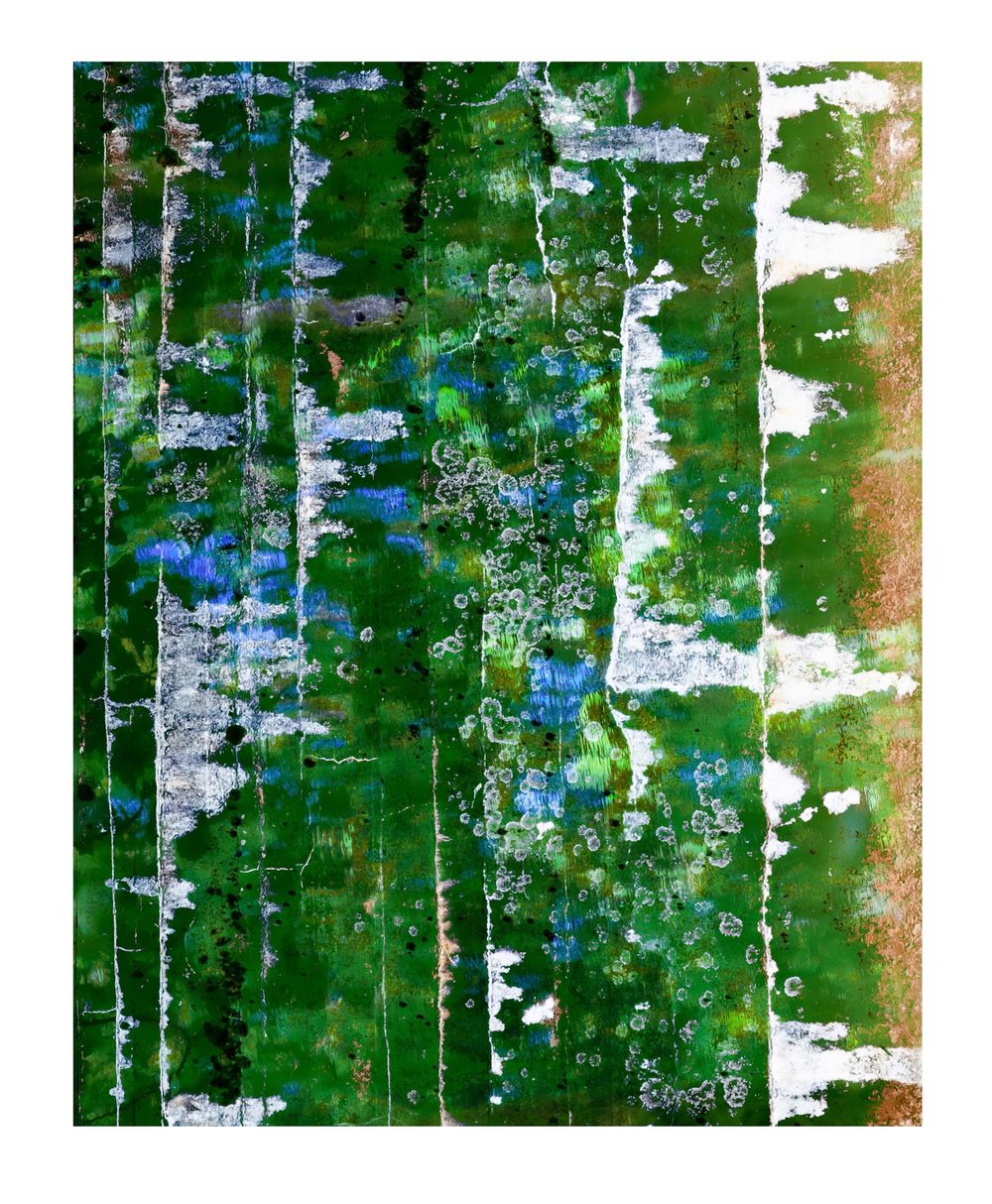 Abstract green painting with white streaks and blue accents resembling a forest or natural texture.
