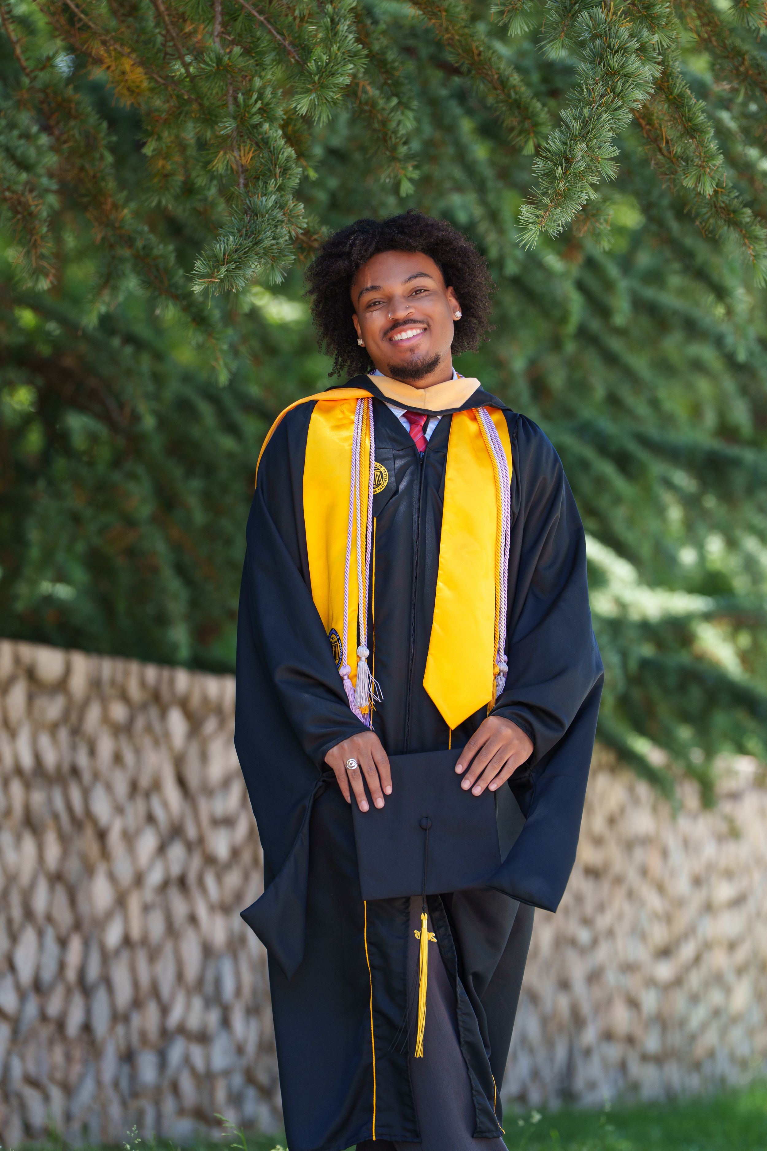 Smiling graduate in black gown and gold stole holds cap outdoors near pine trees on graduation day.