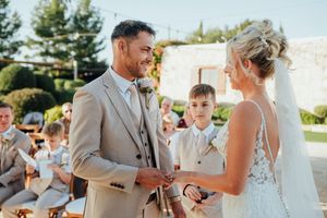 A collection of wedding ceremony moments showing couples exchanging rings and celebrating at an outdoor venue.