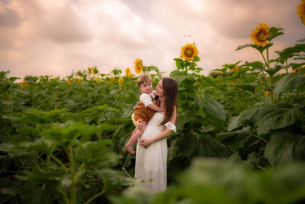 Two figures stand lovingly among tall sunflowers at sunset in a dreamy outdoor portrait session.