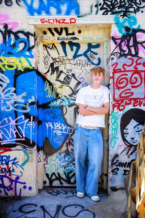 Urban graffiti wall serves as backdrop for casual street style photography.