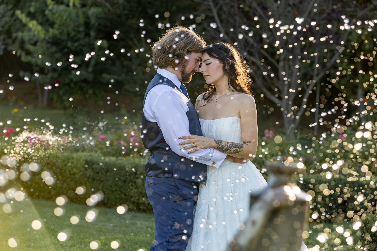 Couple In the California Redwoods Popping Champagne after their Intimate Elopement,