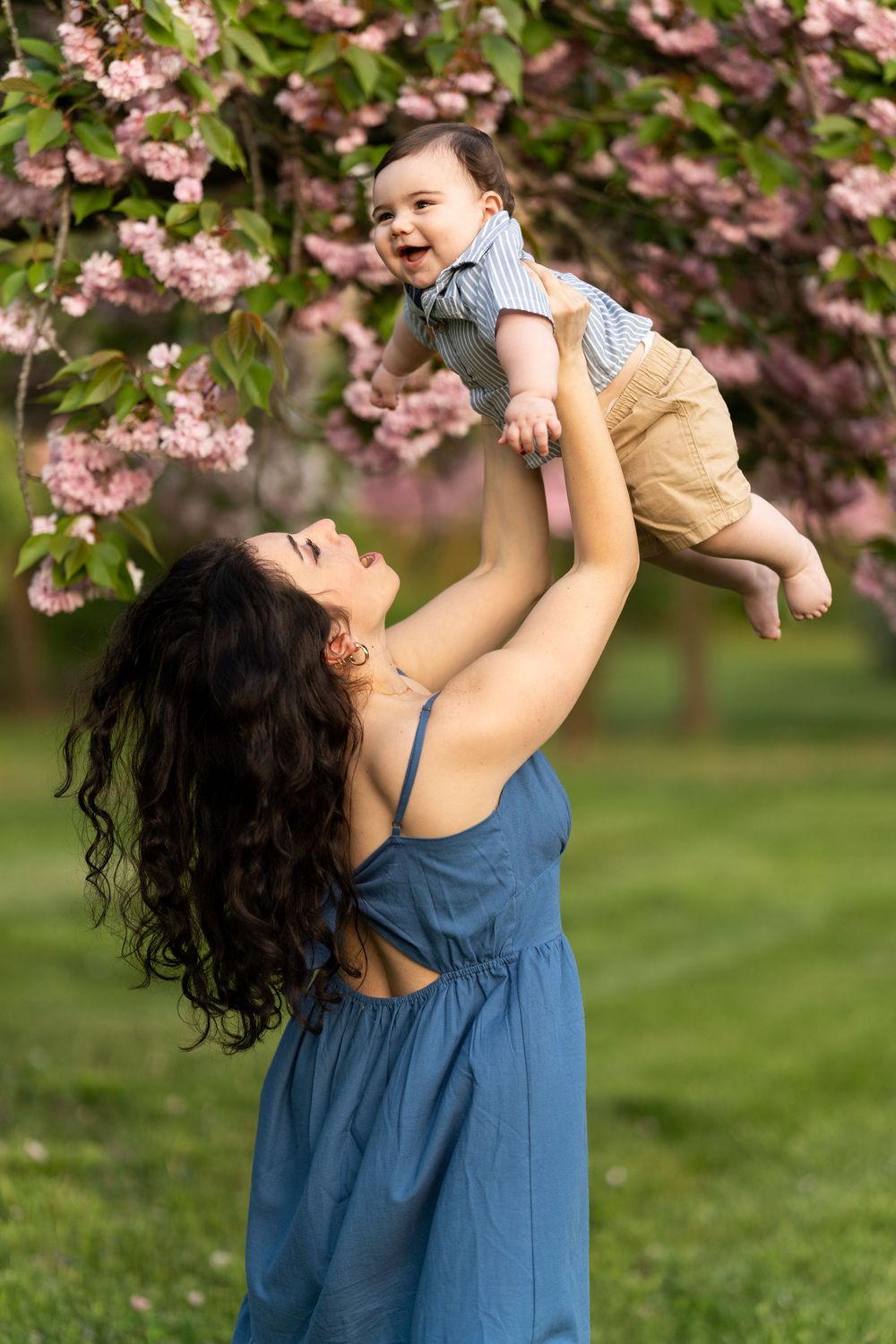A tender springtime moment beneath pink cherry blossoms as parent lifts joyful infant in denim dress on grassy lawn.
