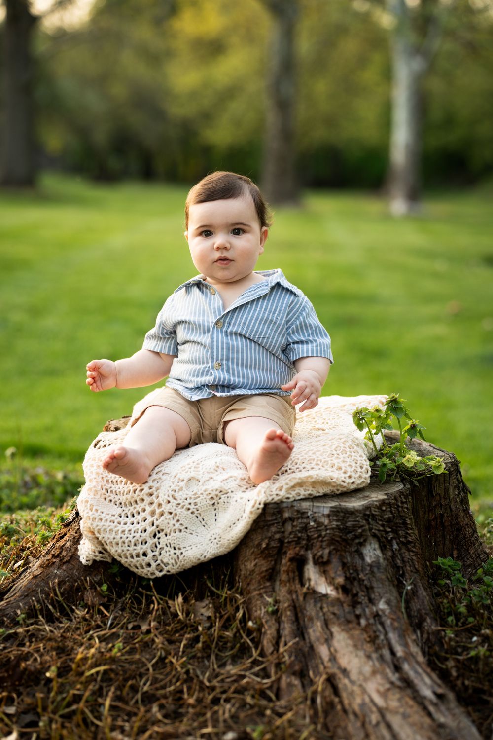 Small child in striped shirt sitting on tree stump with lace blanket in sunny outdoor garden setting.