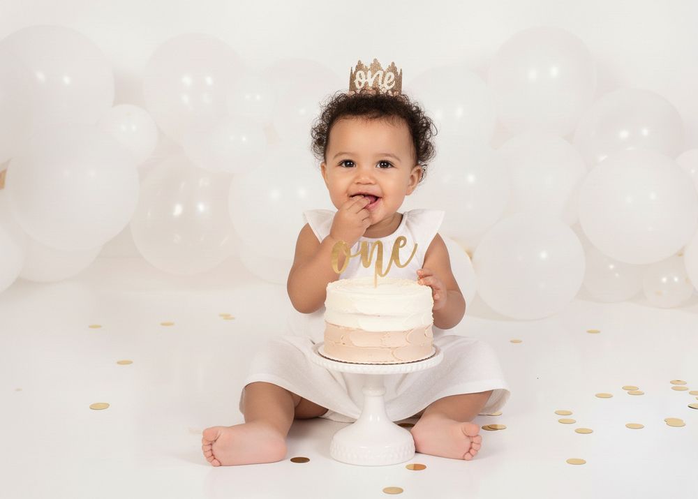 A series of photos shows a baby with birthday cake getting progressively messier during a cake smash photoshoot.