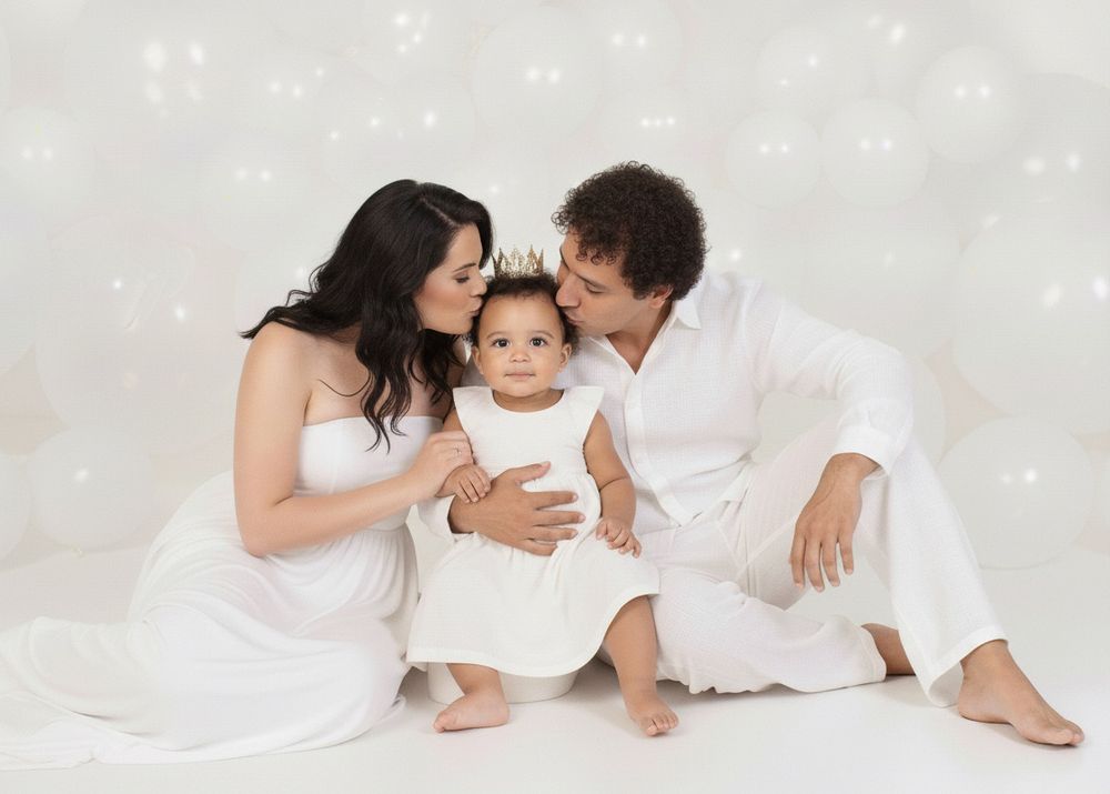 Family wearing white outfits lying together on white bedding during indoor photo session.