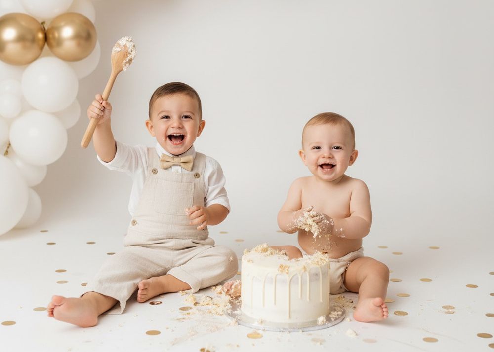 Smiling baby sits on white backdrop surrounded by gold confetti in cake smash photo session.