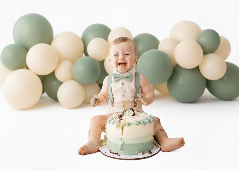 Mint green and cream colored balloons create a festive backdrop for a baby's first birthday cake smash celebration.