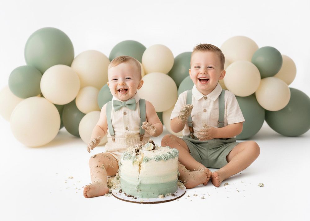 A series of cake smash photos showing a baby in sage green celebrating their first birthday with balloons and cake.