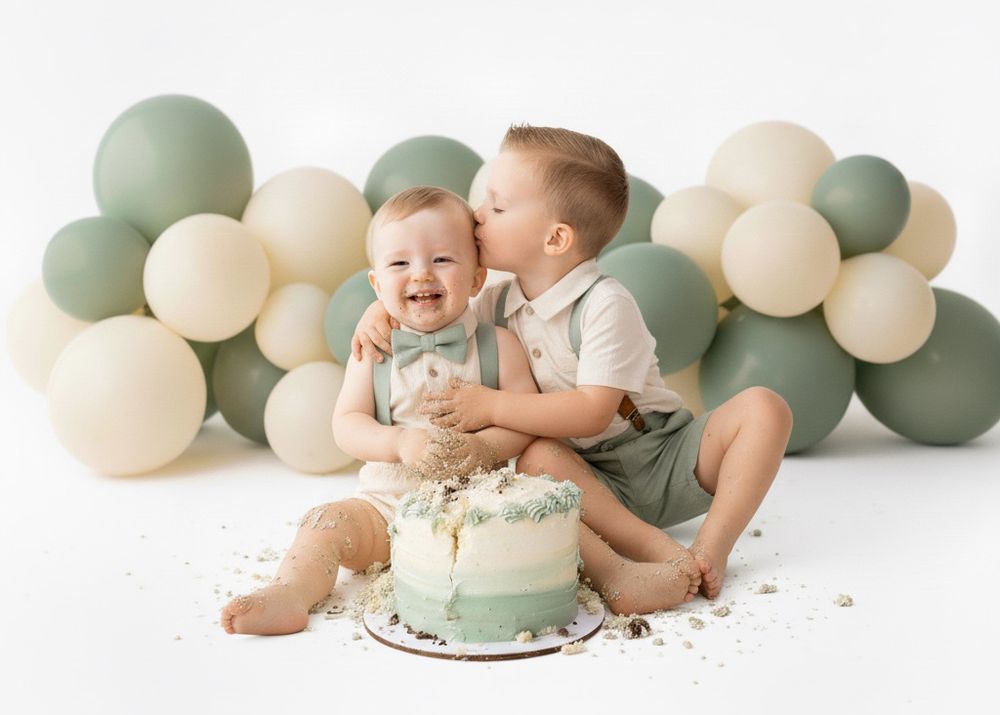 Sage green and cream balloon arch decorates a simple cake smash photo session with neutral styling.