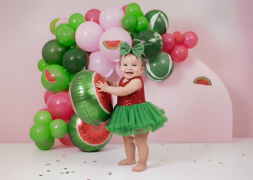 Colorful watermelon-themed photo setup with green and pink balloons against a pink backdrop for a party photoshoot.