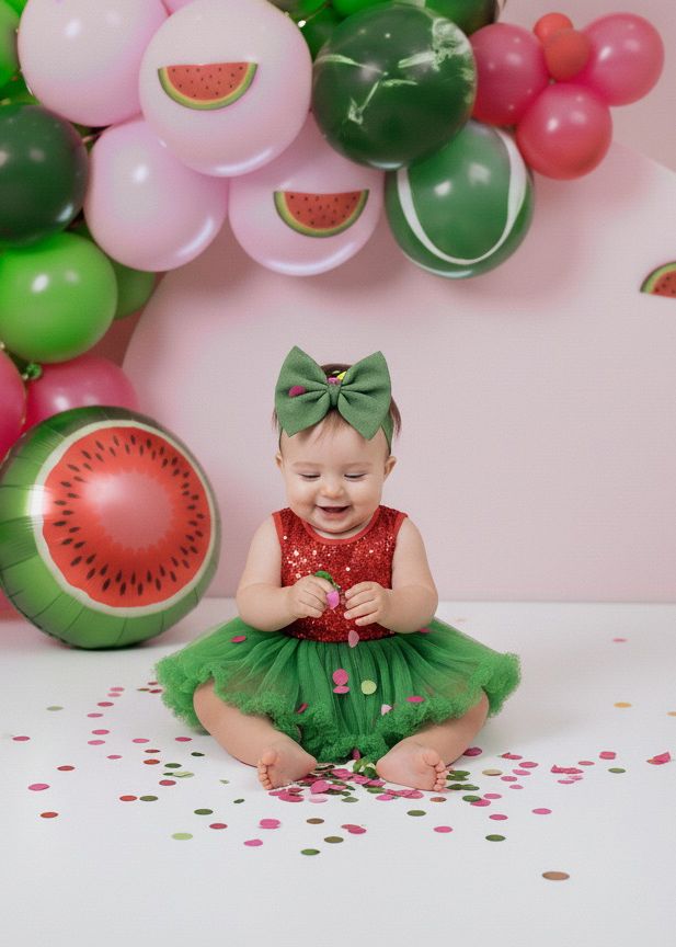 Adorable watermelon-themed baby photoshoot with pink and green balloon decorations and festive confetti accents.