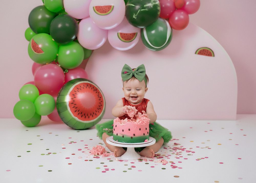 Watermelon themed first birthday cake smash setup with pink and green balloon decorations.
