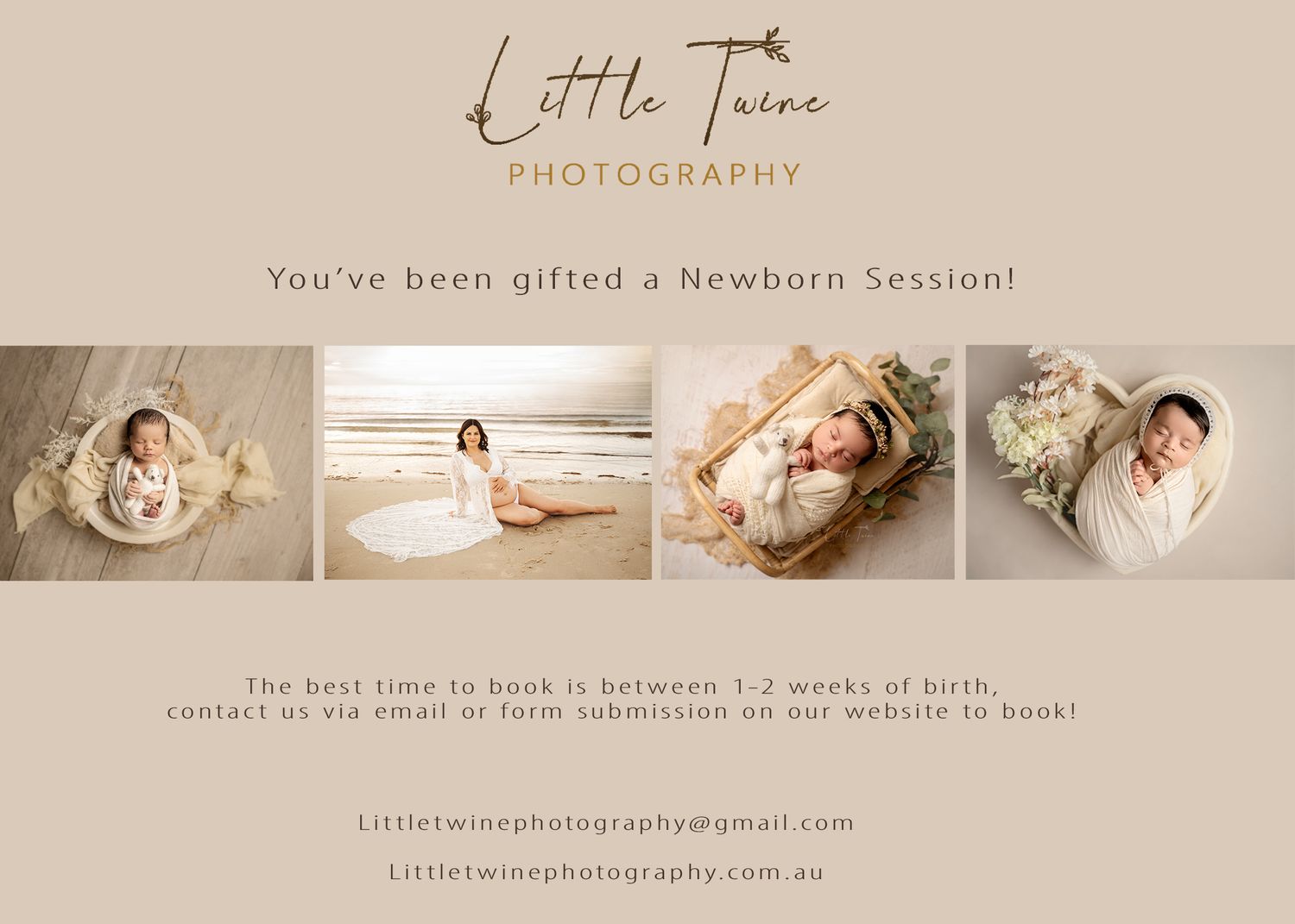 Little Twine Photography newborn session gift card featuring three soft, natural newborn baby photos in warm neutral tones.